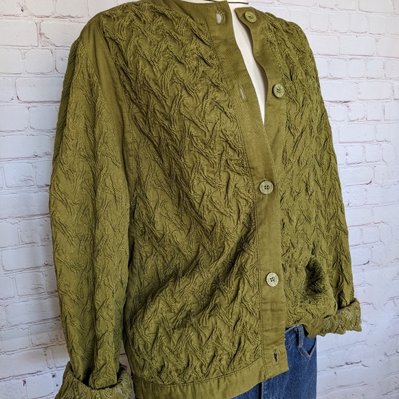 Vintage Olive Green Cardigan Button Front Jacket pea green Gene Ewing Bis - Picture 2 of 9